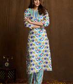 Multi color printed cotton blend kurta pant set