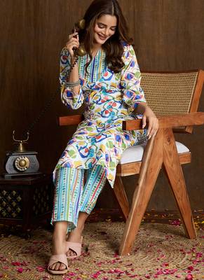 Multi color printed cotton blend kurta pant set 3
