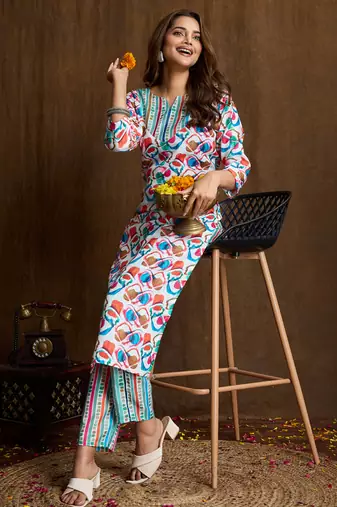 Multi color printed cotton blend kurta pant set