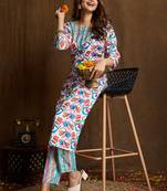 Multi color printed cotton blend kurta pant set