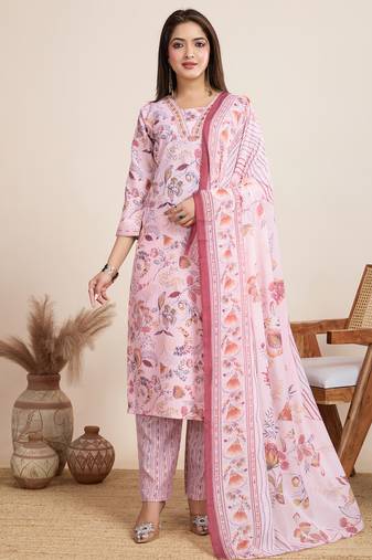 Baby pink printed cotton blend festival wear salwar suit