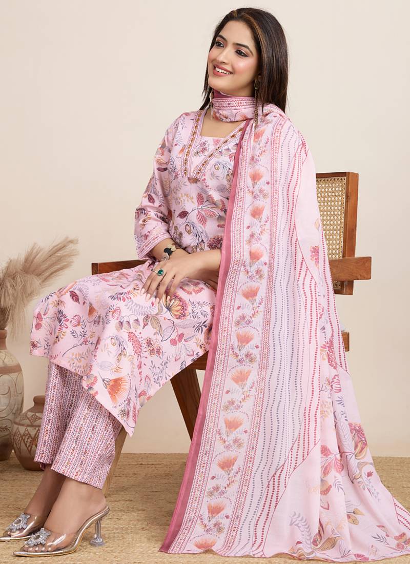 Baby pink printed cotton blend festival wear salwar suit