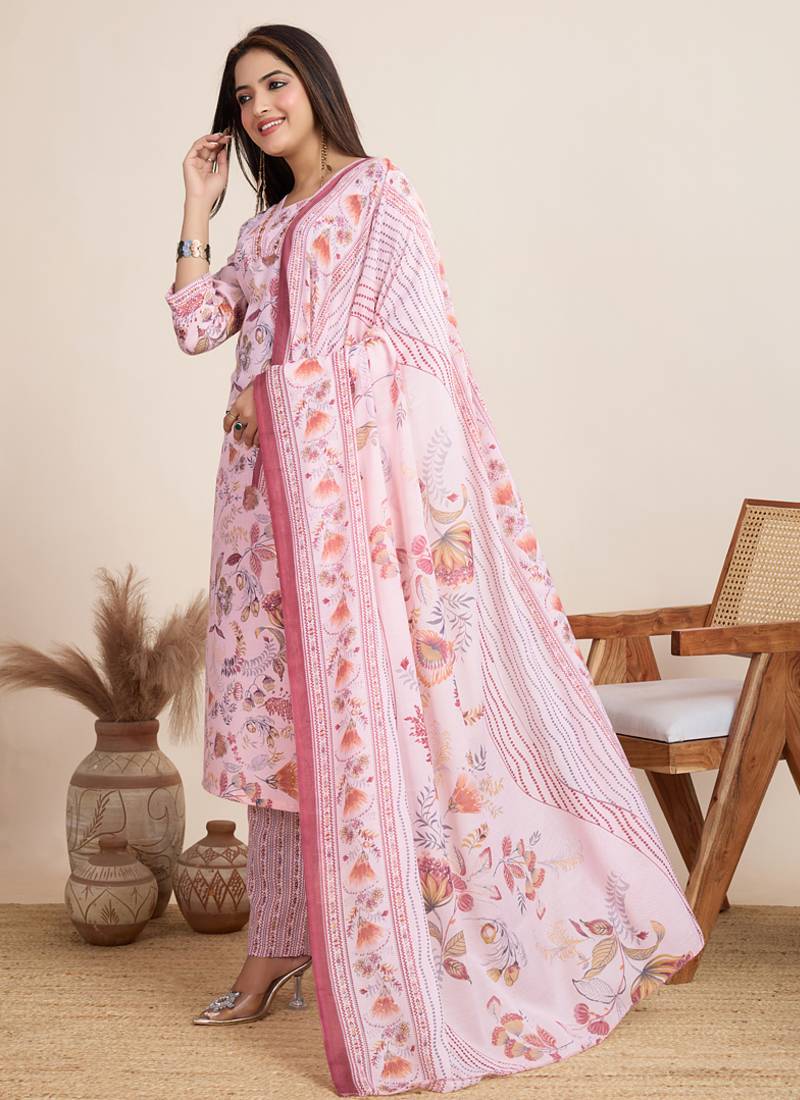 Baby pink printed cotton blend festival wear salwar suit