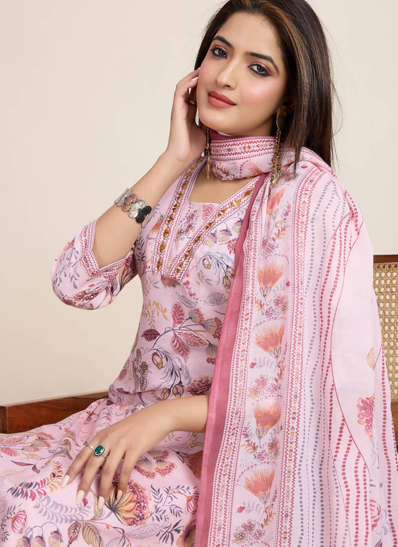 Baby pink printed cotton blend festival wear salwar suit