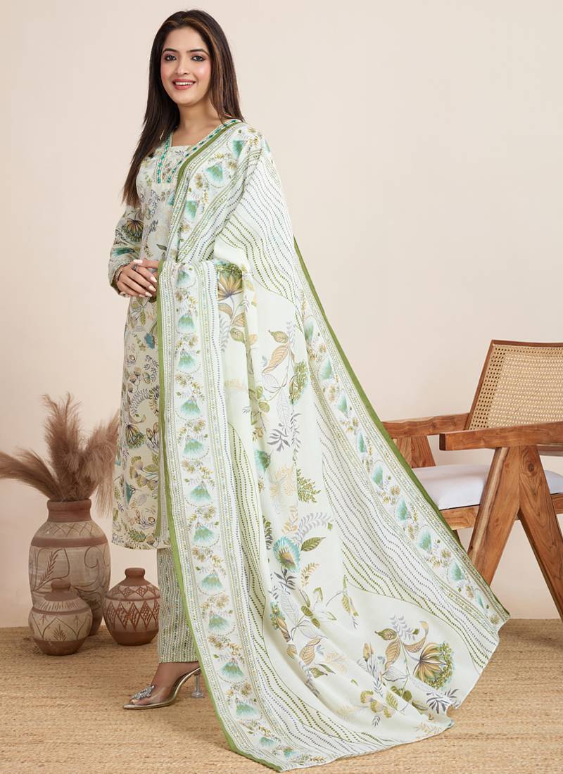 Off white printed cotton blend festival wear salwar suit
