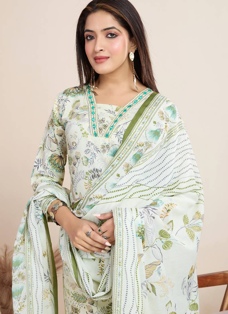 Off white printed cotton blend festival wear salwar suit