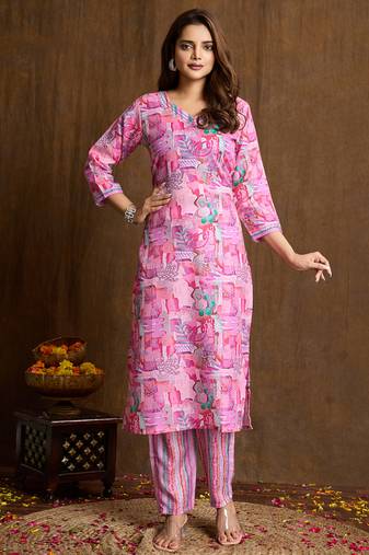 Light pink printed cotton blend kurta pant set