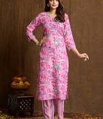Light pink printed cotton blend kurta pant set