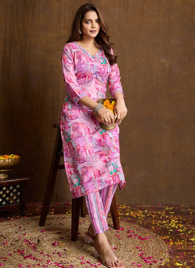 Light pink printed cotton blend kurta pant set