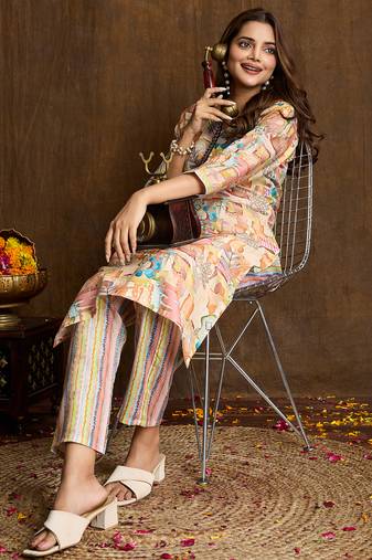 Cream printed cotton blend kurta pant set