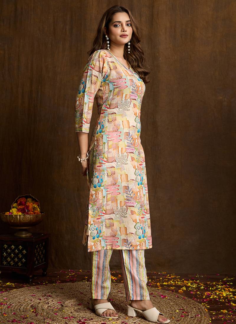 Cream printed cotton blend kurta pant set