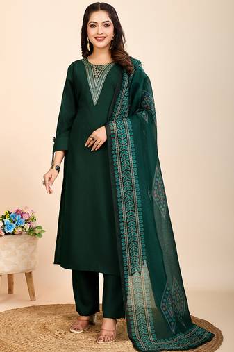 Green printed cotton blend festival wear salwar suit