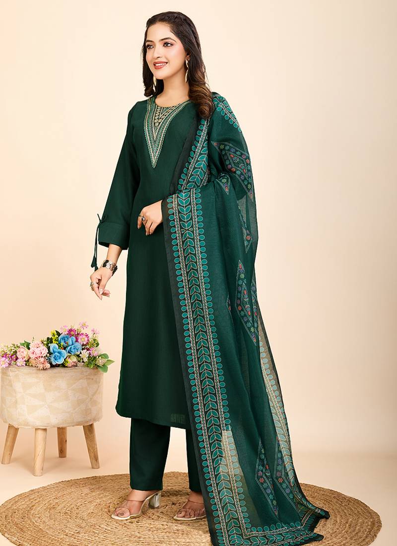 Green printed cotton blend festival wear salwar suit