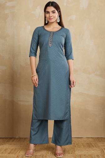 Grey printed cotton blend kurta pant set