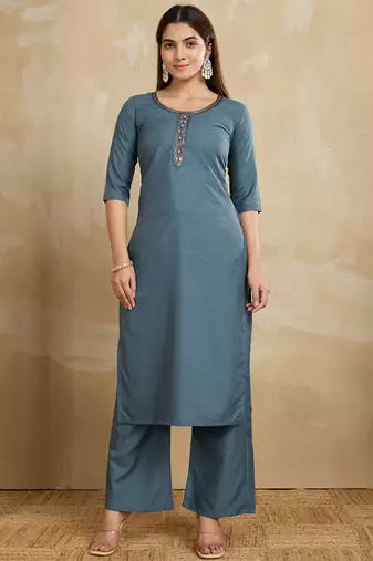 Grey printed cotton blend kurta pant set