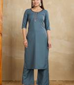 Grey printed cotton blend kurta pant set