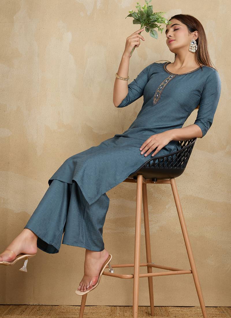 Grey printed cotton blend kurta pant set