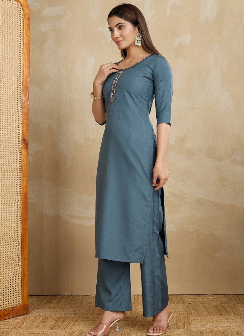 Grey printed cotton blend kurta pant set