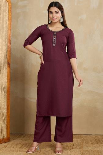 Maroon printed cotton blend kurta pant set