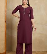 Maroon printed cotton blend kurta pant set