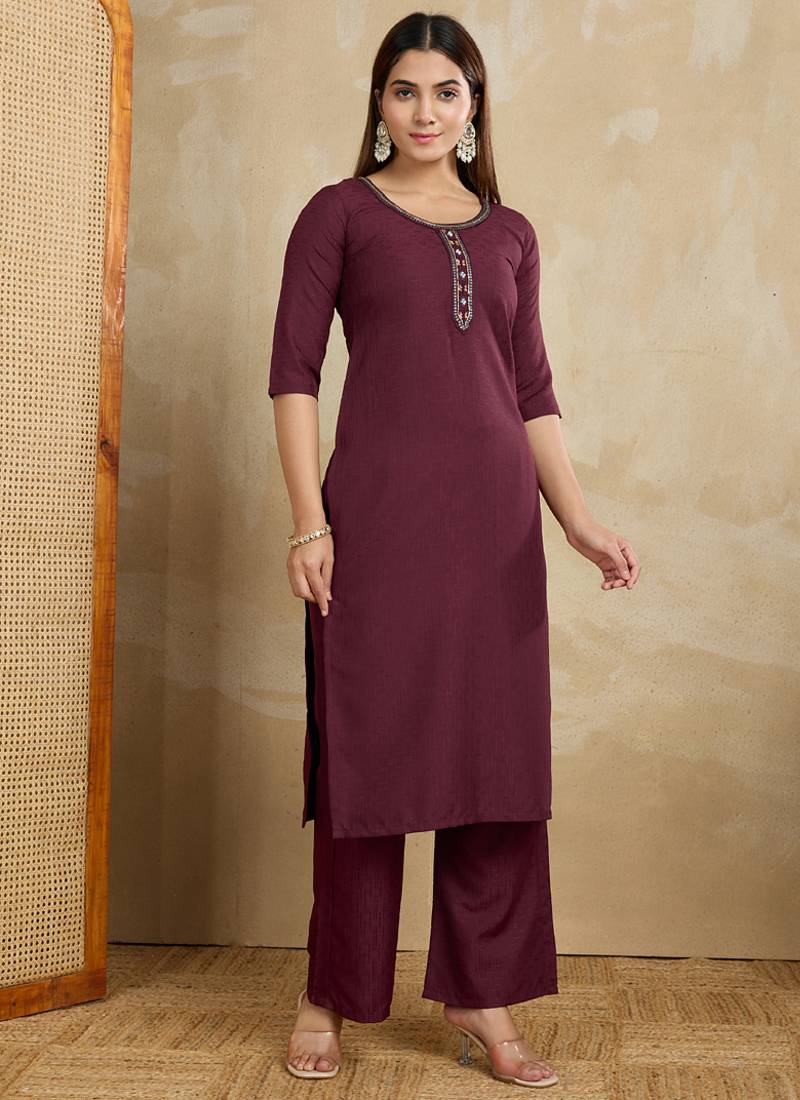 Maroon printed cotton blend kurta pant set