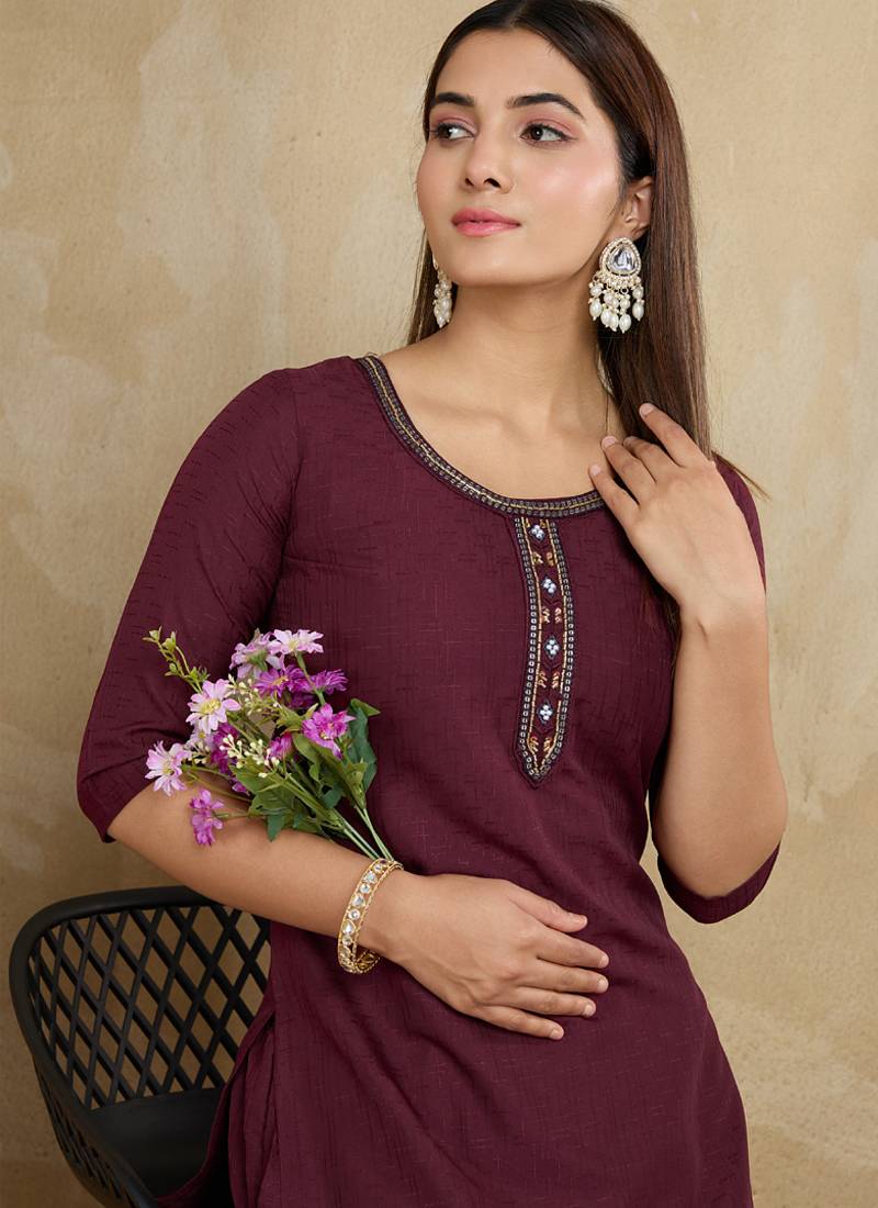 Maroon printed cotton blend kurta pant set