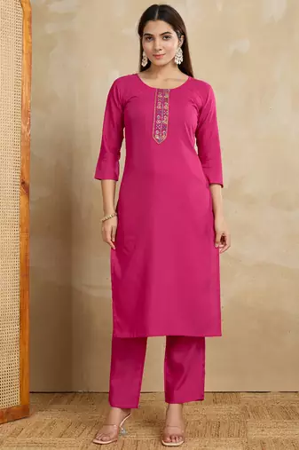 Pink printed cotton blend kurta pant set