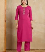 Pink printed cotton blend kurta pant set