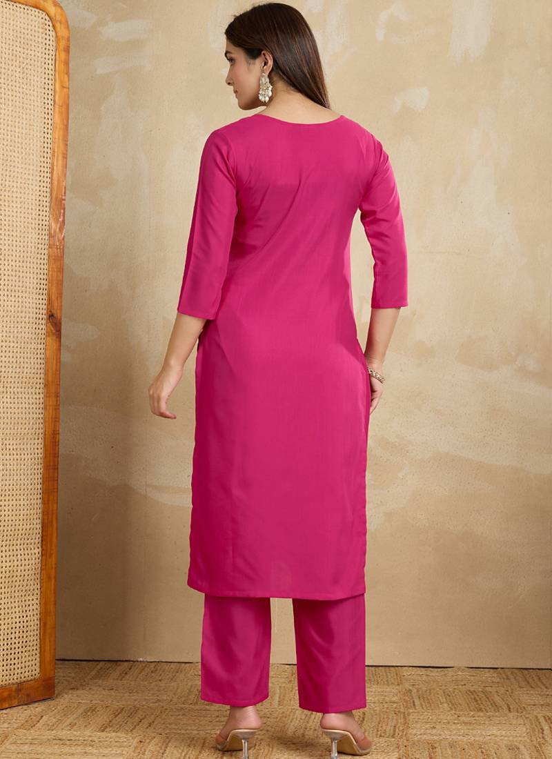 Pink printed cotton blend kurta pant set