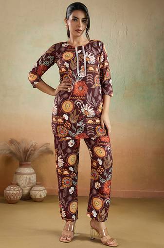 Brown printed cotton reyon festival wear co-ord set