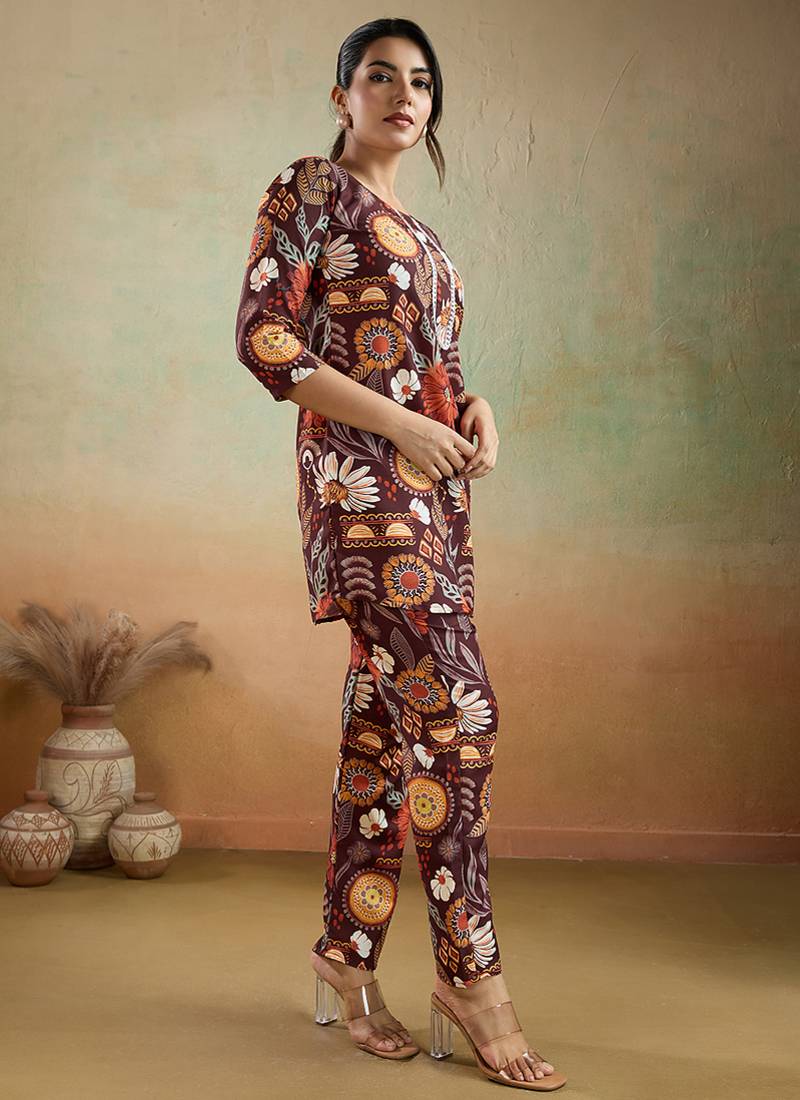 Brown printed cotton reyon festival wear co-ord set