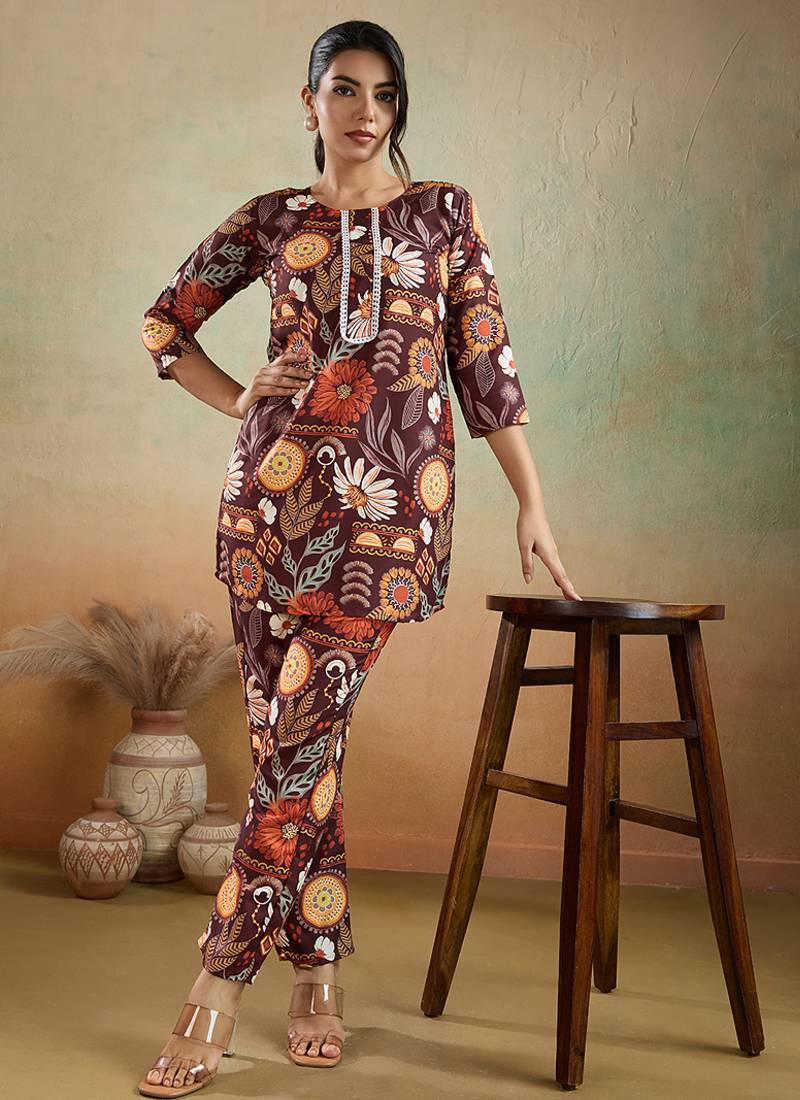 Brown printed cotton reyon festival wear co-ord set