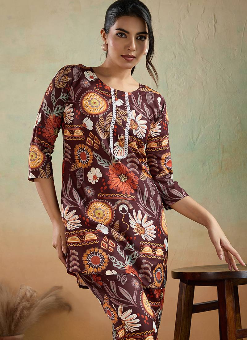 Brown printed cotton reyon festival wear co-ord set