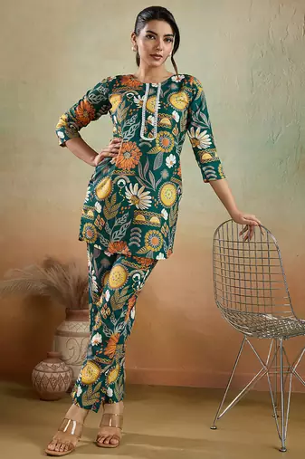Green printed cotton reyon festival wear co-ord set