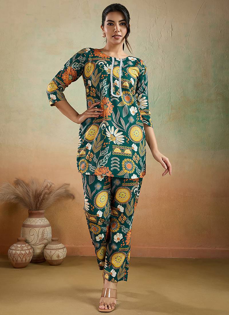Green printed cotton reyon festival wear co-ord set