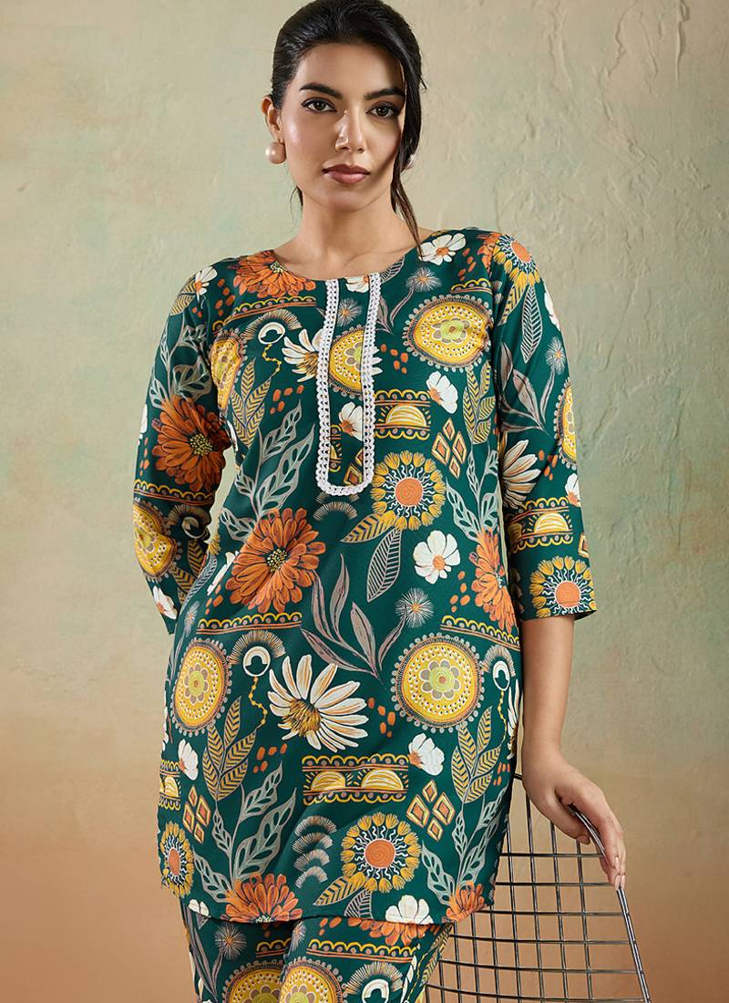 Green printed cotton reyon festival wear co-ord set