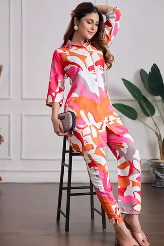 Multi color printed cotton reyon festival wear co-ord set