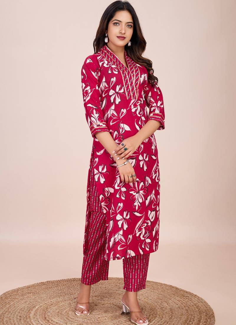 Pink printed cotton blend kurta pant set