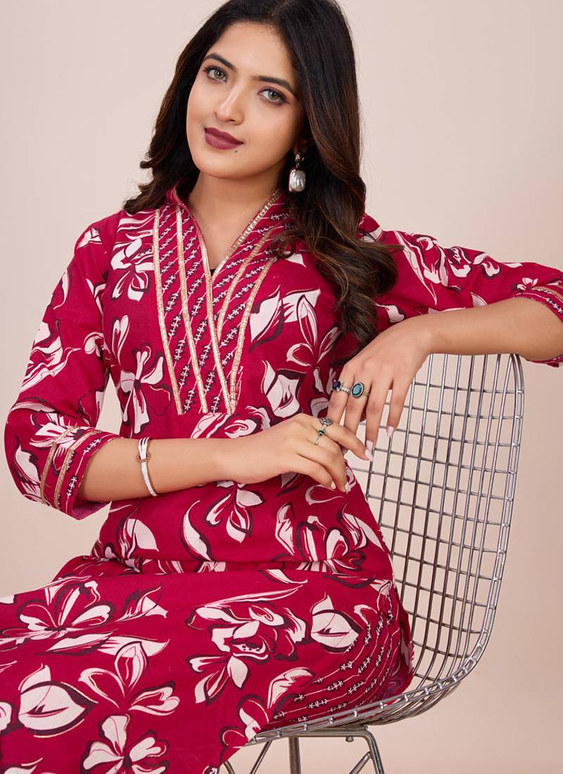 Pink printed cotton blend kurta pant set