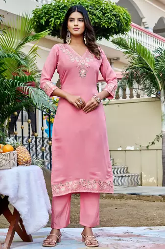 Women Floral Embroidered Empire Thread Work Chanderi Cotton Kurta with Pant & With Dupatta