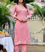 Women Floral Embroidered Empire Thread Work Chanderi Cotton Kurta with Pant & With Dupatta