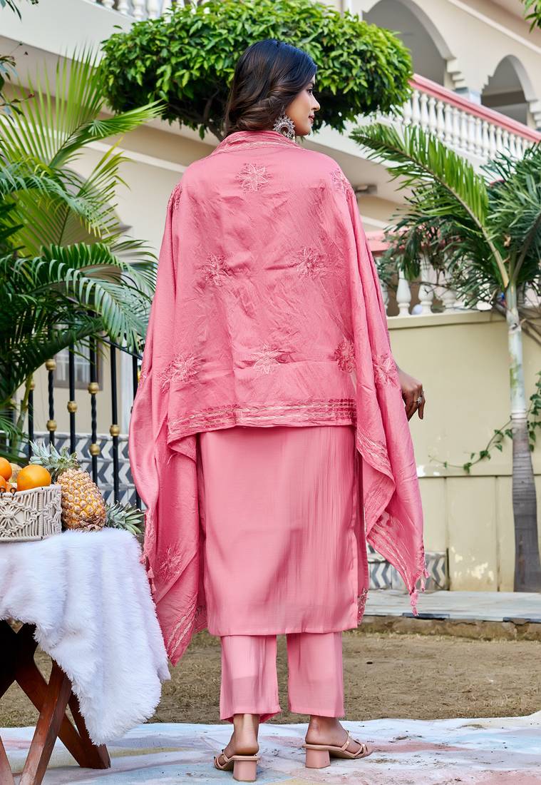 Women Floral Embroidered Empire Thread Work Chanderi Cotton Kurta with Pant & With Dupatta