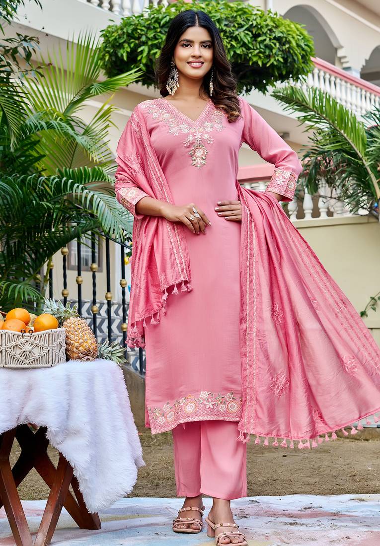 Women Floral Embroidered Empire Thread Work Chanderi Cotton Kurta with Pant & With Dupatta