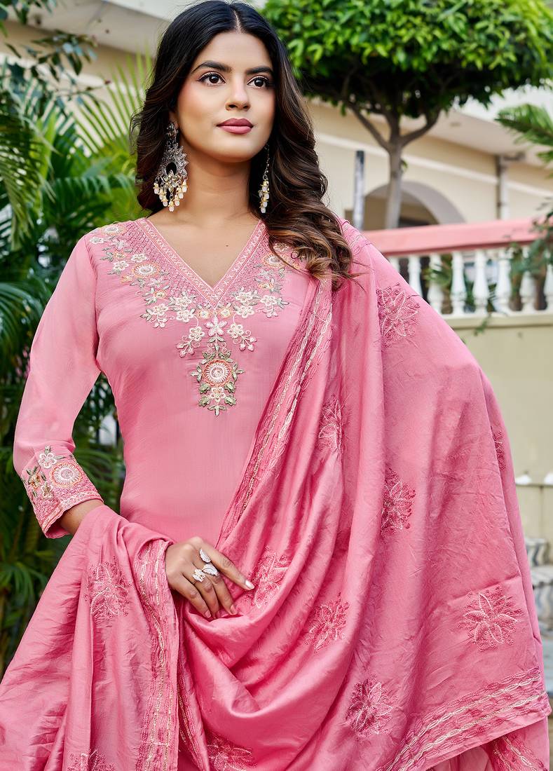 Women Floral Embroidered Empire Thread Work Chanderi Cotton Kurta with Pant & With Dupatta