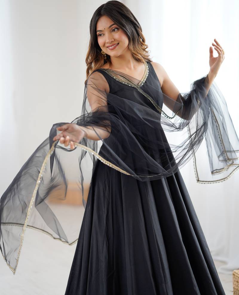 Pure roman silk chanderi fabric fully flair anarkali gown with duppta and pent set ready to wear