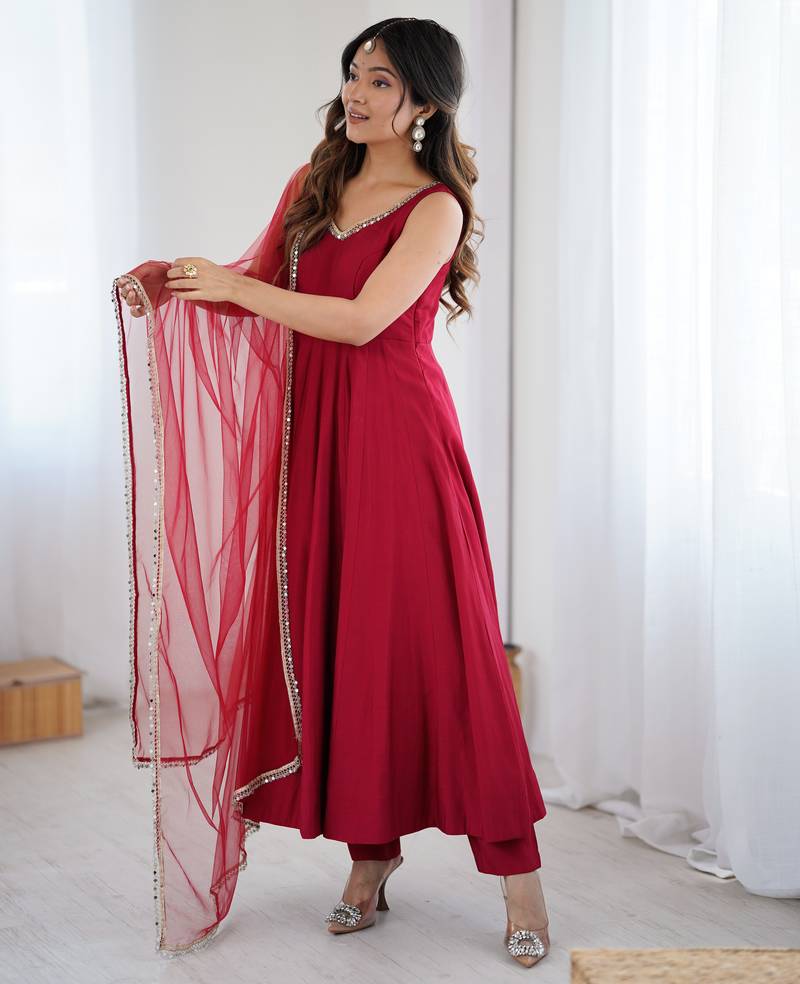 Pure roman silk chanderi fabric fully flair anarkali gown with duppta and pent set ready to wear