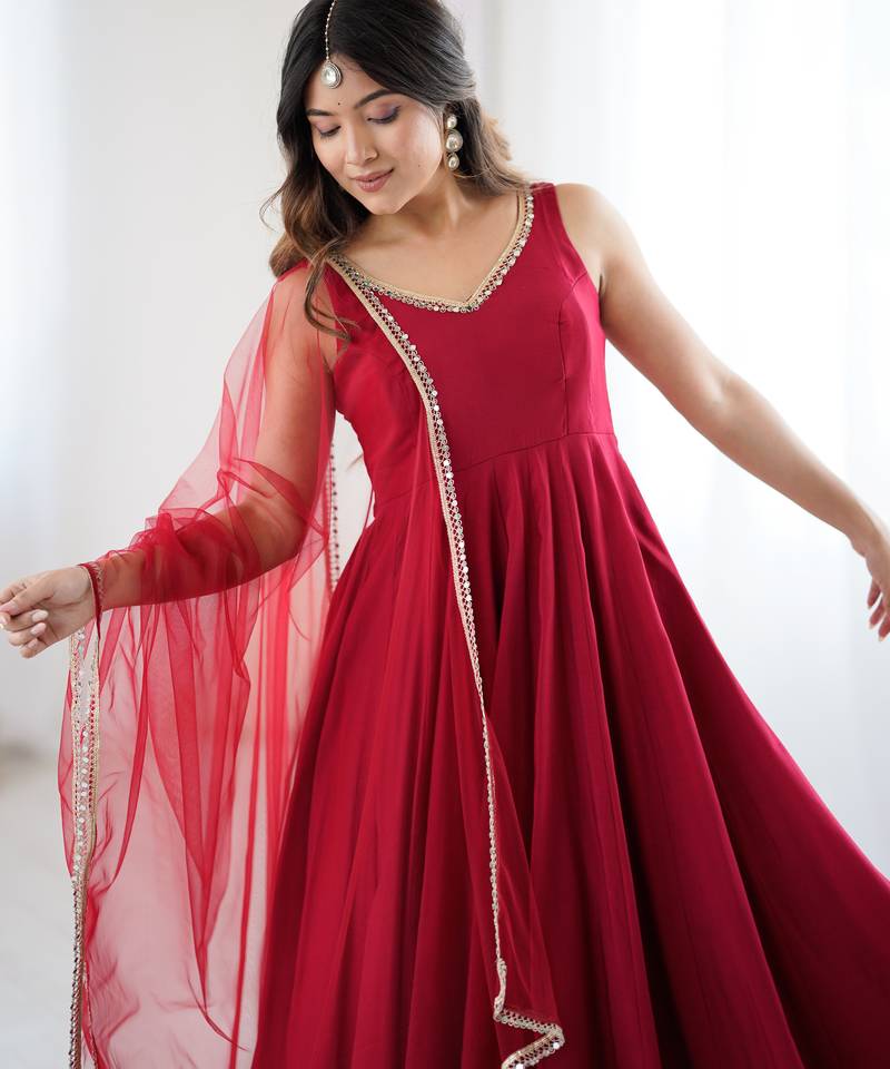Pure roman silk chanderi fabric fully flair anarkali gown with duppta and pent set ready to wear