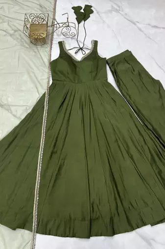Pure roman silk chanderi fabric fully flair anarkali gown with duppta and pent set ready to wear