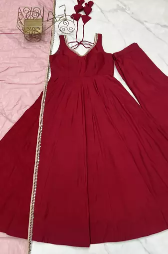 Pure roman silk chanderi fabric fully flair anarkali gown with duppta and pent set ready to wear