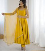 Pure roman silk chanderi fabric fully flair anarkali gown with duppta and pent set ready to wear